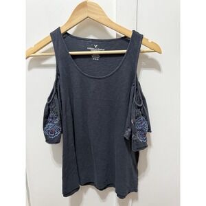 American Eagle Cold Shoulder Top Blouse Navy Sz Large Embroidered Detail Boho